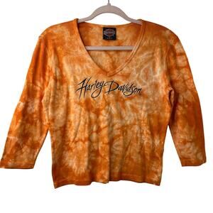 Lg Y2K Vtg 1999 Harley-Davidson Tie Dye V-Neck Baby Tee Orange 3/4 Sleeve Biker